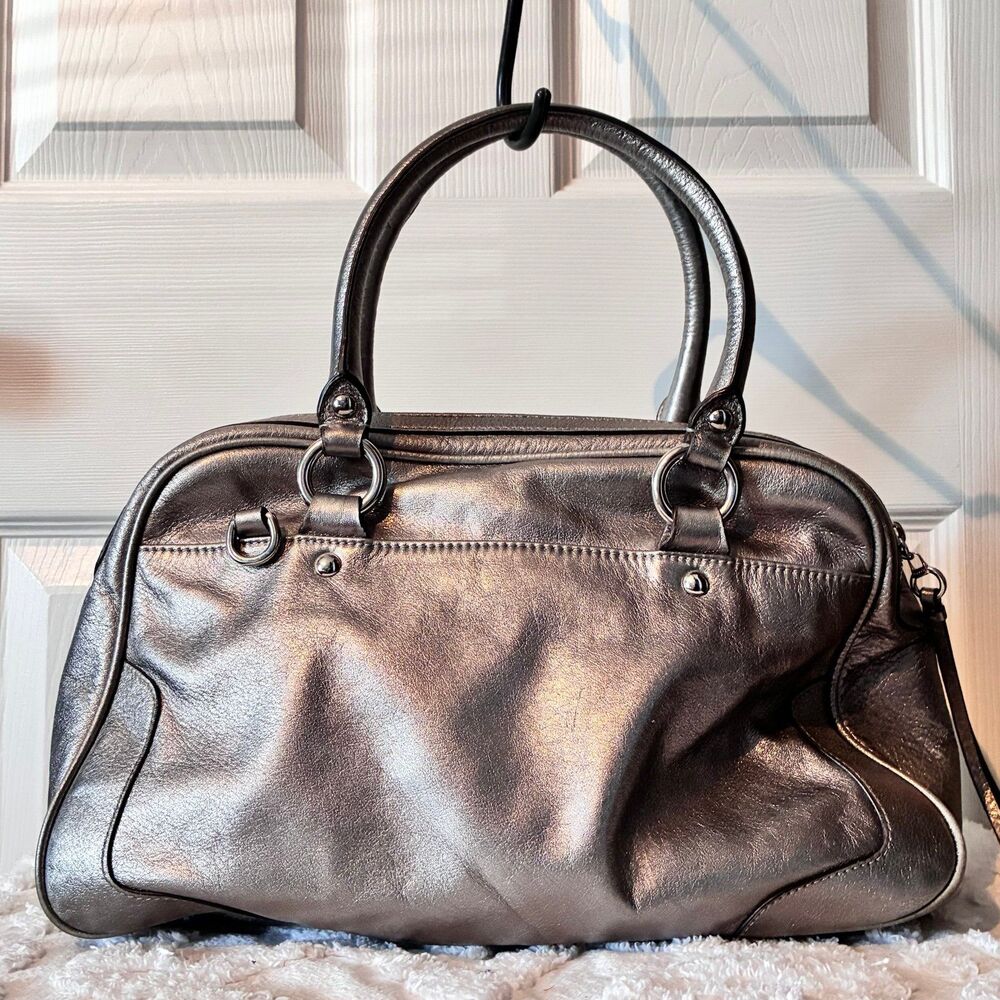 Coach Poppy Leather Pushlock Satchel Handbag Metallic Silver Pewter Bag Charm - Picture 5 of 11